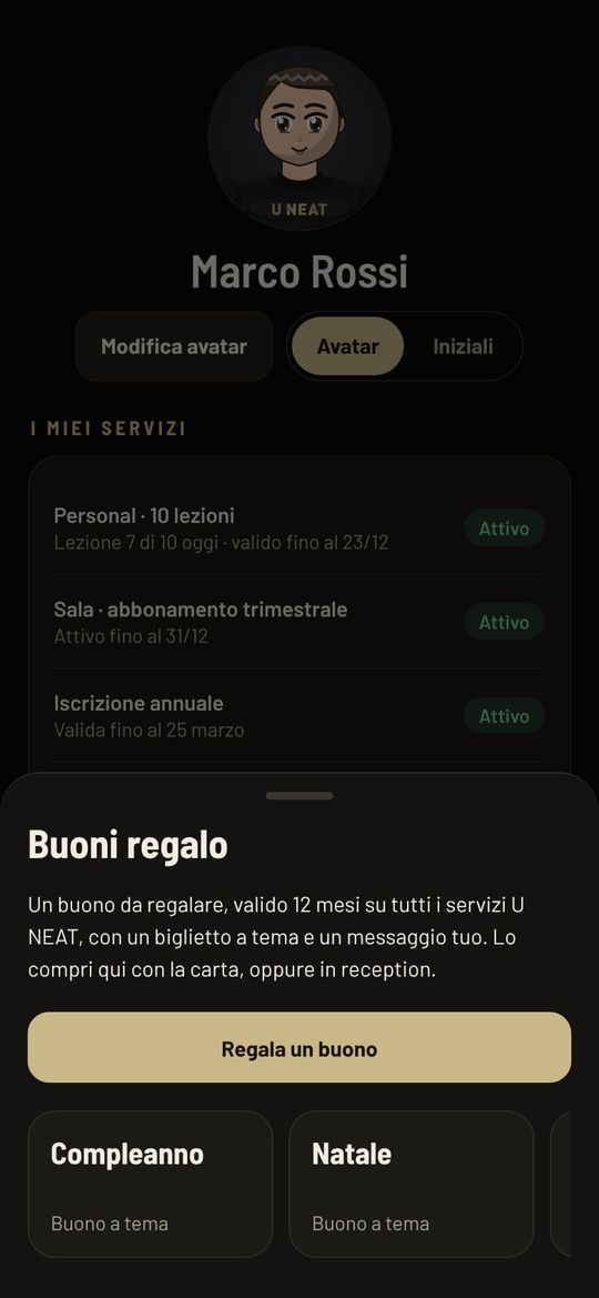 Schermata dell'app U NEAT: Buoni regalo e rinnovi